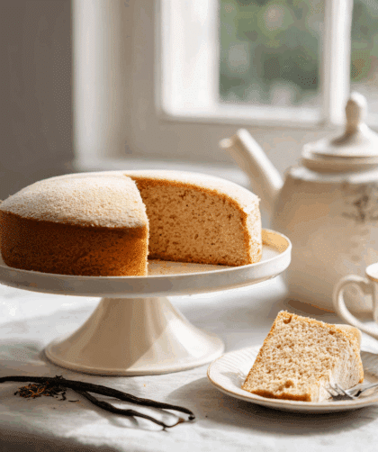 Spelt London Fog Cake on a white cake stand.