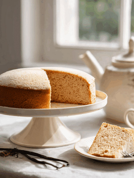 Spelt London Fog Cake on a white cake stand.