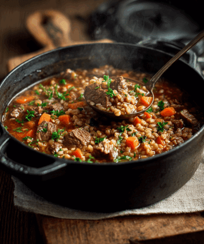 deep cast iron pot filled with Spelt Beef and Barley Stew.