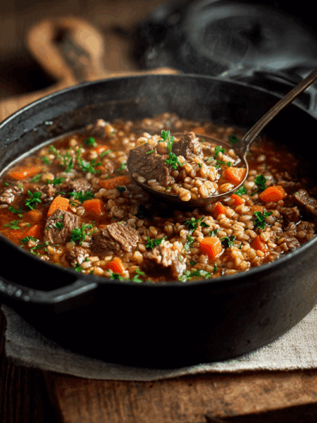 deep cast iron pot filled with Spelt Beef and Barley Stew.