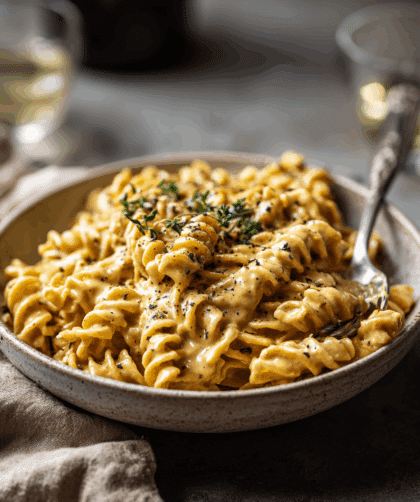 Vegan Spelt Mac and Cheese served in a white ceramic bowl.