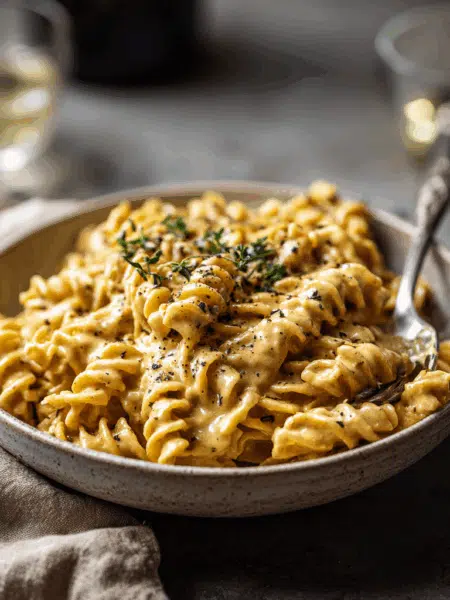 Vegan Spelt Mac and Cheese served in a white ceramic bowl.