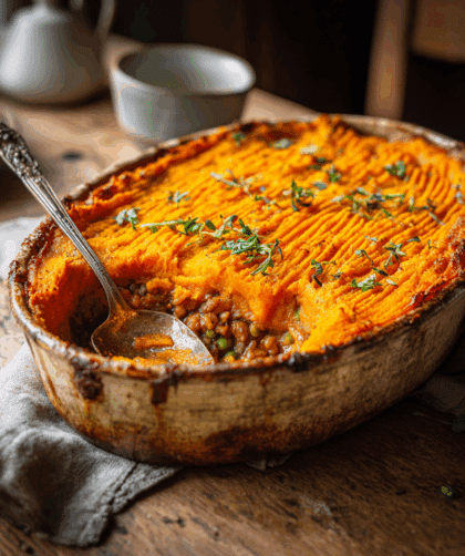 Spelt Sweet Potato Shepherd’s Pie in a rustic baking dish