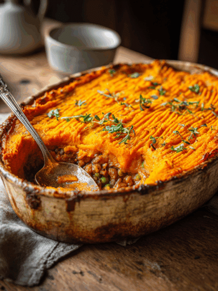 Spelt Sweet Potato Shepherd’s Pie in a rustic baking dish