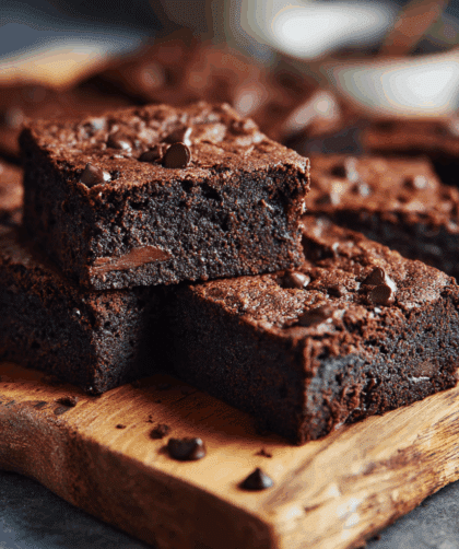 A close-up, high-resolution photo of a freshly baked batch of Vegan Spelt Brownies