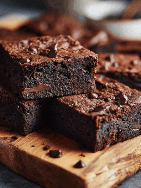 A close-up, high-resolution photo of a freshly baked batch of Vegan Spelt Brownies