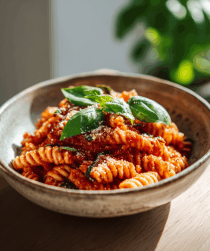 A bright, natural-light photo of a bowl of Spelt Tomato and Basil Pasta served in a rustic ceramic dish. The spelt pasta is coated in a rich red tomato sauce, topped with fresh basil leaves and a light sprinkle of vegan parmesan. Natural daylight from the side highlights the sauce’s texture. Shot with Canon EOS R5, 50mm f/1.8 lens, shallow depth of field, soft kitchen background.