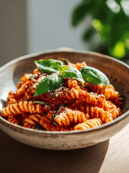 A bright, natural-light photo of a bowl of Spelt Tomato and Basil Pasta served in a rustic ceramic dish. The spelt pasta is coated in a rich red tomato sauce, topped with fresh basil leaves and a light sprinkle of vegan parmesan. Natural daylight from the side highlights the sauce’s texture. Shot with Canon EOS R5, 50mm f/1.8 lens, shallow depth of field, soft kitchen background.