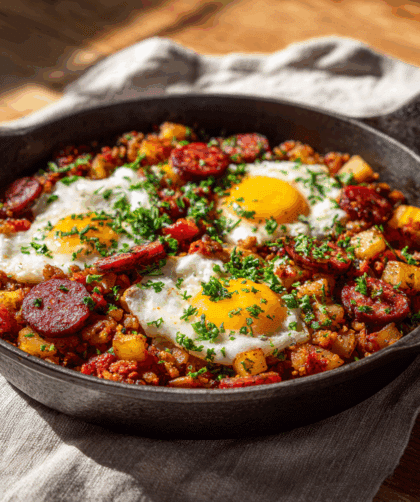 Spelt Chorizo and Potato Hash in a cast-iron skillet on a wooden table.