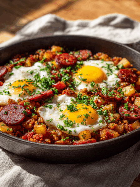 Spelt Chorizo and Potato Hash in a cast-iron skillet on a wooden table.
