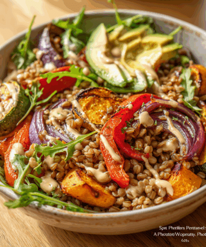 “Spelt Buddha Bowl with Roasted Veggies.”