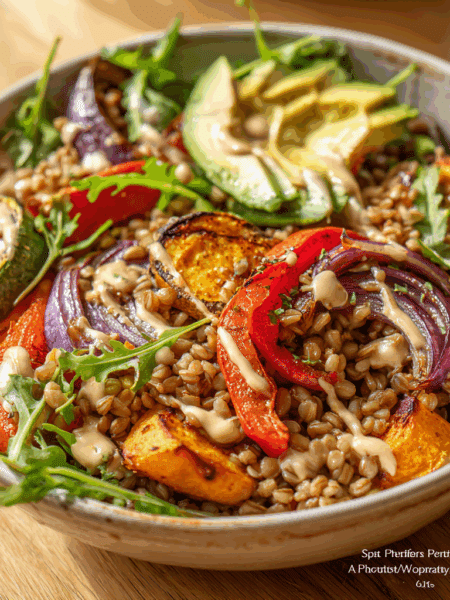 “Spelt Buddha Bowl with Roasted Veggies.”