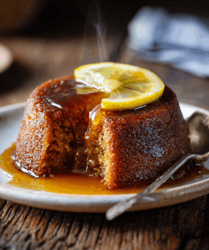 Spelt Sussex Pond Pudding, cut open to show syrup flooding out