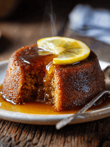 Spelt Sussex Pond Pudding, cut open to show syrup flooding out