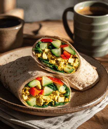 Spelt Breakfast Wrap with Scrambled Tofu on a rustic wooden table.