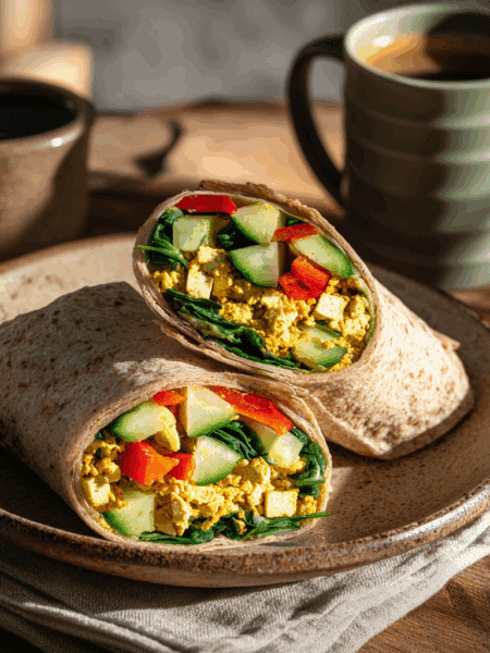 Spelt Breakfast Wrap with Scrambled Tofu on a rustic wooden table.