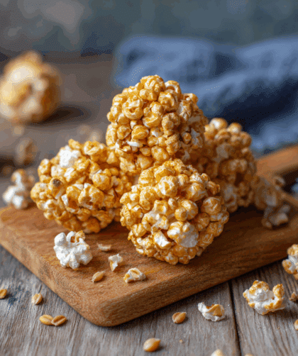 Spelt Popcorn Balls on a rustic wooden board,