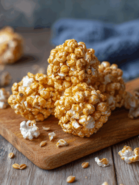 Spelt Popcorn Balls on a rustic wooden board,