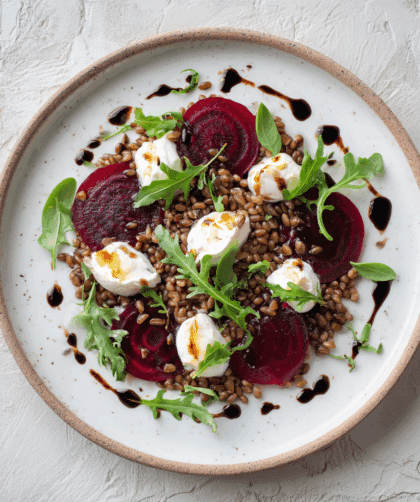 Spelt & Beetroot Carpaccio on a white ceramic plate