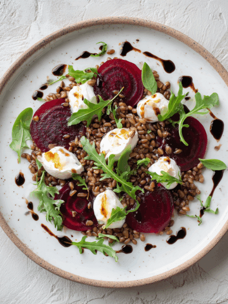 Spelt & Beetroot Carpaccio on a white ceramic plate