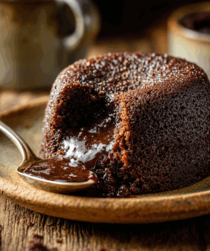 Side view of the Spelt Chocolate Steamed Pudding served on a warm ceramic plate