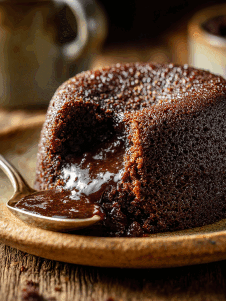 Side view of the Spelt Chocolate Steamed Pudding served on a warm ceramic plate