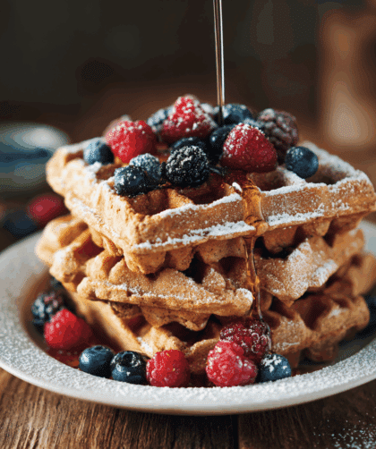 high-resolution photo of golden Vegan Spelt Waffles stacked on a plate with fresh berries