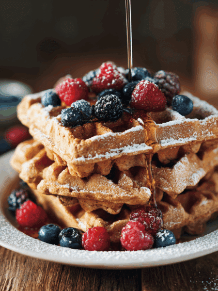 high-resolution photo of golden Vegan Spelt Waffles stacked on a plate with fresh berries