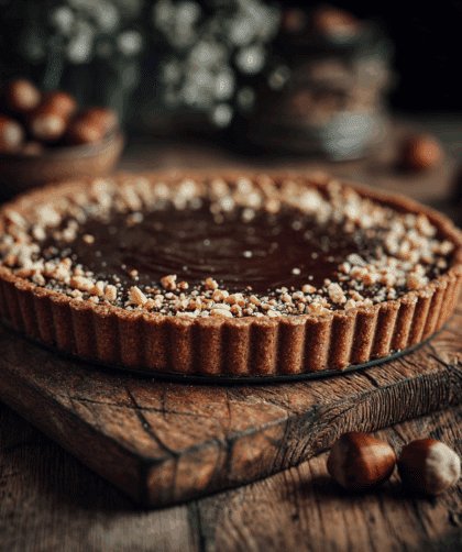 Spelt Espresso and Hazelnut Tart on a rustic wooden table