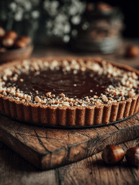 Spelt Espresso and Hazelnut Tart on a rustic wooden table