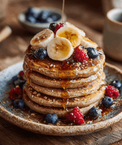 5-Minute Spelt Banana Pancakes on a rustic ceramic plate