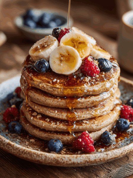 5-Minute Spelt Banana Pancakes on a rustic ceramic plate