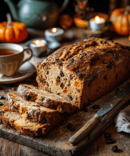 freshly baked Spelt Irish Barmbrack on a rustic wooden table