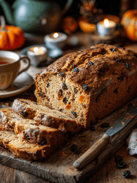 freshly baked Spelt Irish Barmbrack on a rustic wooden table
