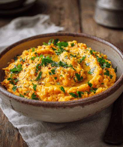 serving bowl filled with creamy sweet potato and spelt mash, topped with a drizzle of olive oil and fresh parsley.