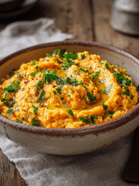serving bowl filled with creamy sweet potato and spelt mash, topped with a drizzle of olive oil and fresh parsley.