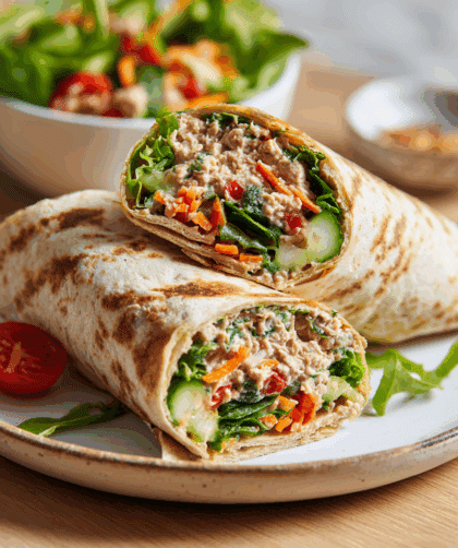 two spelt and tuna salad wraps sliced in half