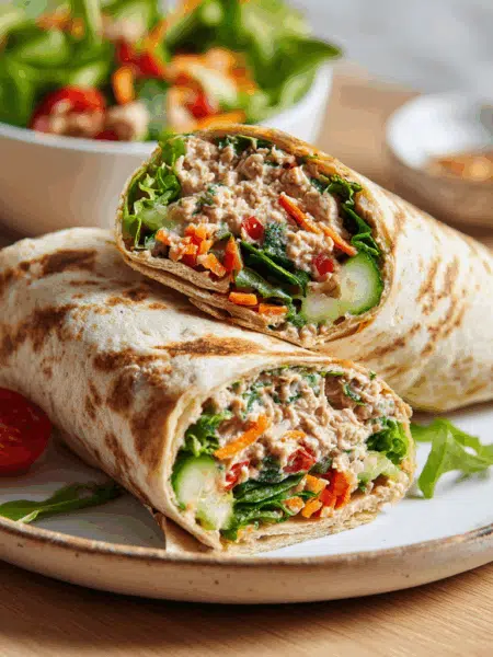 two spelt and tuna salad wraps sliced in half