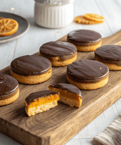 Spelt Jaffa Cakes arranged on a rustic wooden board