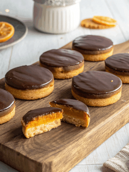 Spelt Jaffa Cakes arranged on a rustic wooden board