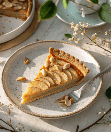close-up overhead shot of a plated slice of Spelt Apple and Almond Tart showing the golden crust