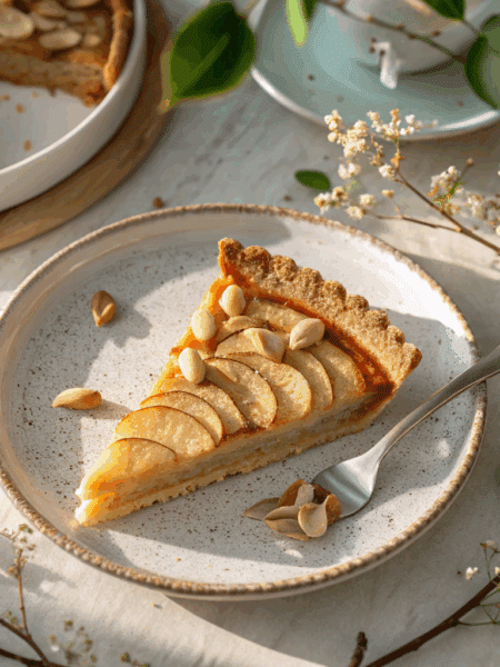 close-up overhead shot of a plated slice of Spelt Apple and Almond Tart showing the golden crust