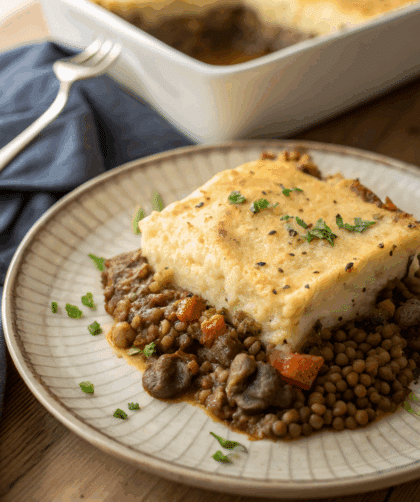 Vegan Spelt Shepherd’s Pie served on a plate