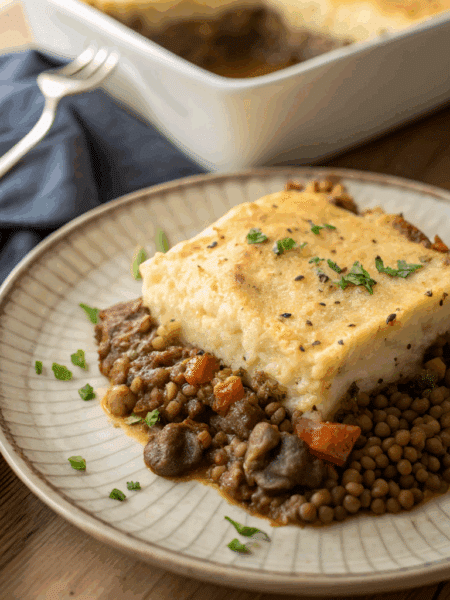 Vegan Spelt Shepherd’s Pie served on a plate