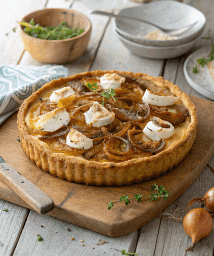 A golden-brown Spelt Caramelised Onion and Goat Cheese Tart on a rustic wooden table.