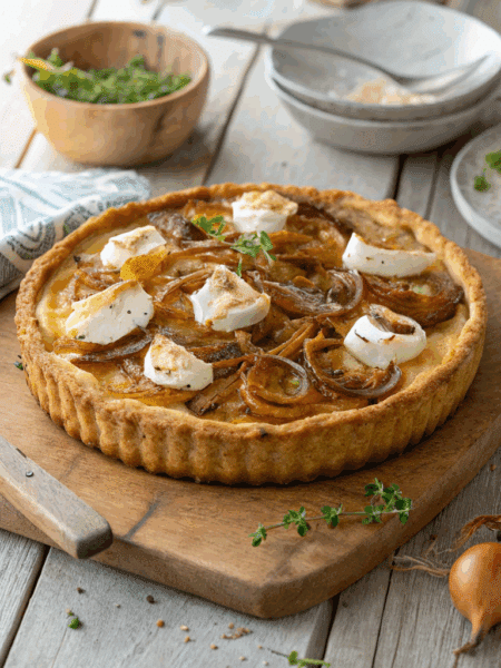 A golden-brown Spelt Caramelised Onion and Goat Cheese Tart on a rustic wooden table.