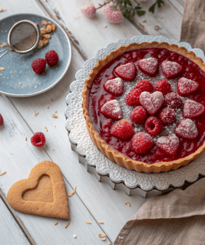 A romantic, top-down photo of a Spelt Valentine’s Raspberry Tart with a golden crust and glossy red raspberry filling, dusted with icing sugar and garnished with fresh raspberries.
