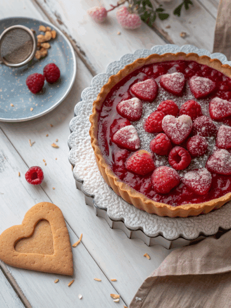 A romantic, top-down photo of a Spelt Valentine’s Raspberry Tart with a golden crust and glossy red raspberry filling, dusted with icing sugar and garnished with fresh raspberries.