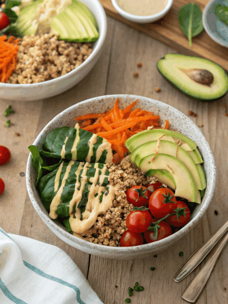 spelt and quinoa grain bowls topped with sliced avocado, cherry tomatoes, baby spinach, grated carrot, and tahini drizzle.