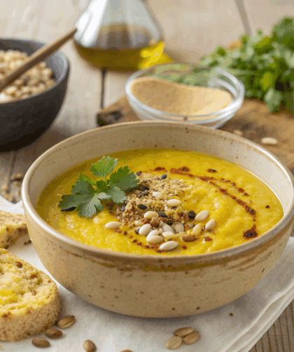 A warm bowl of Spelt Cauliflower and Turmeric Soup